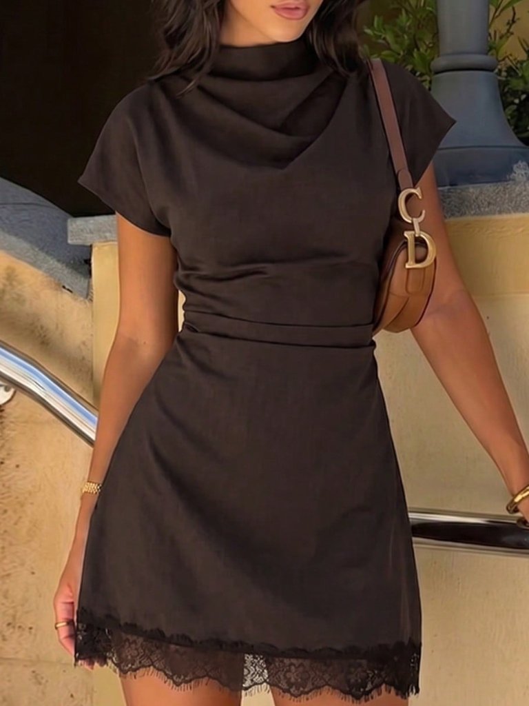 Brown Elegant Women's Pleated Lace Trim Mini Dress